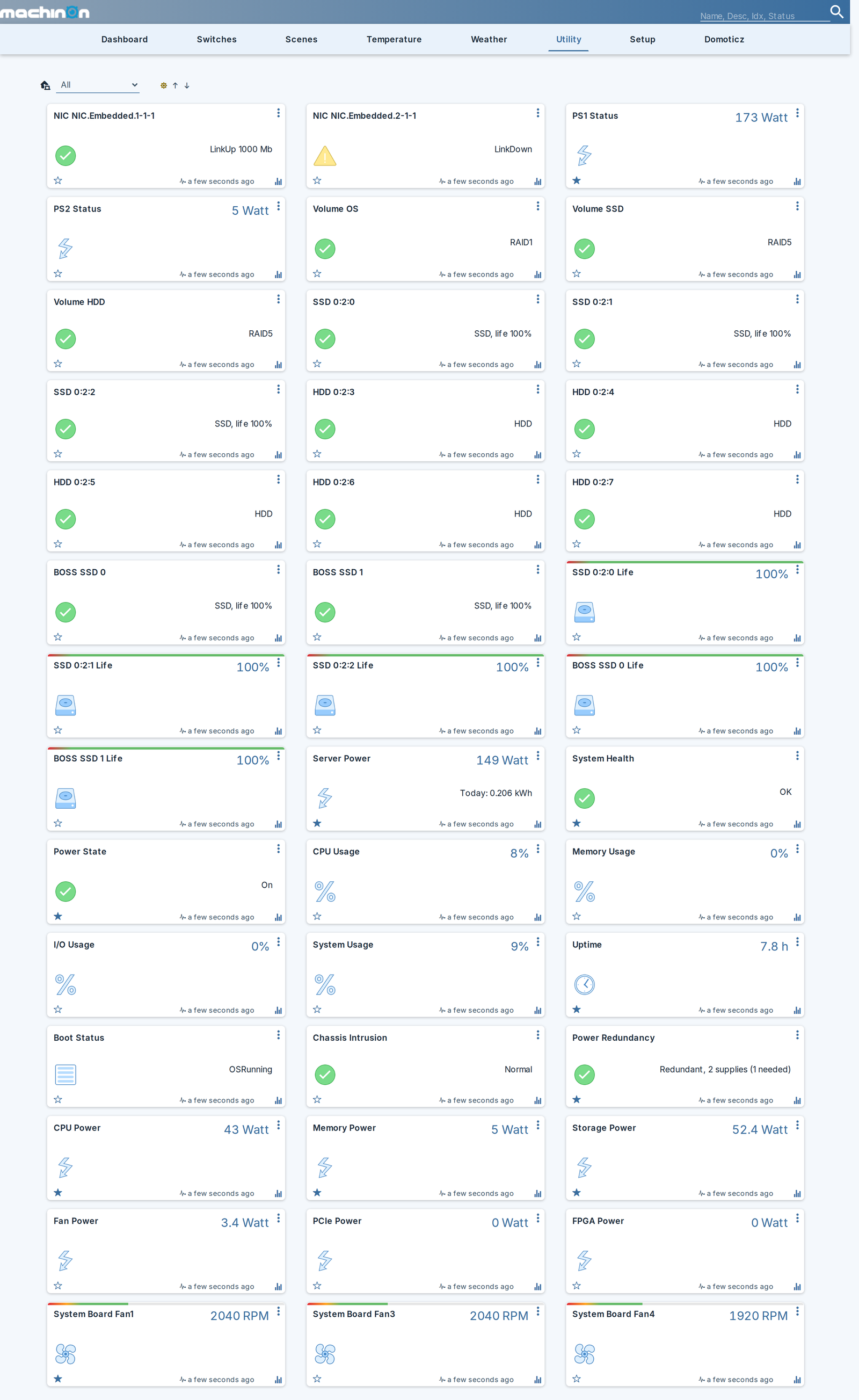 The Utility tab, showing power, health, storage and network devices