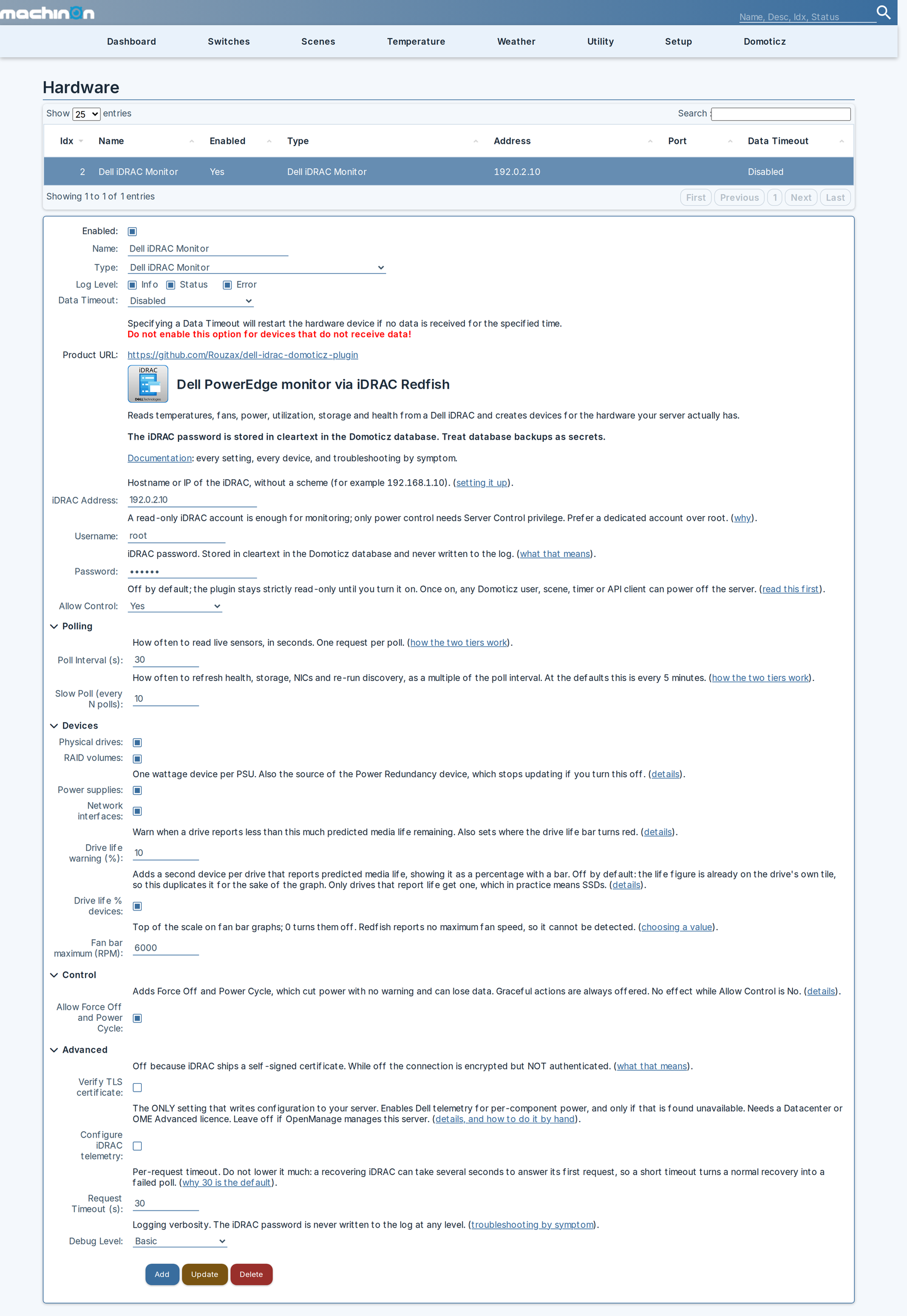 The plugin's settings on the Domoticz hardware page
