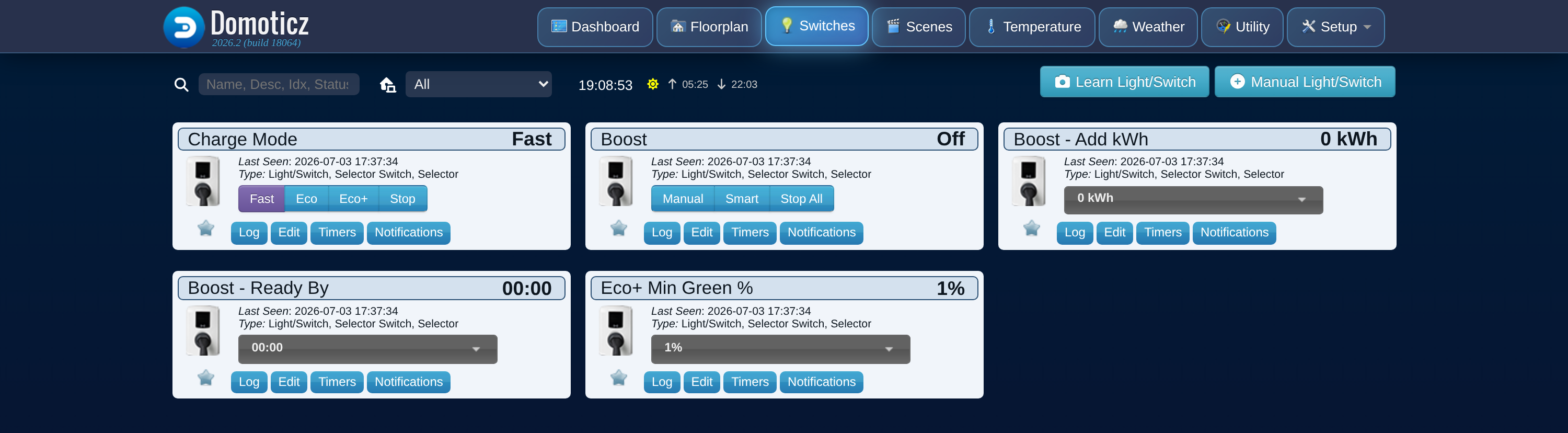 The myenergi charger control devices in Domoticz: charge mode, boost, boost kWh, ready-by time, and Eco+ minimum green