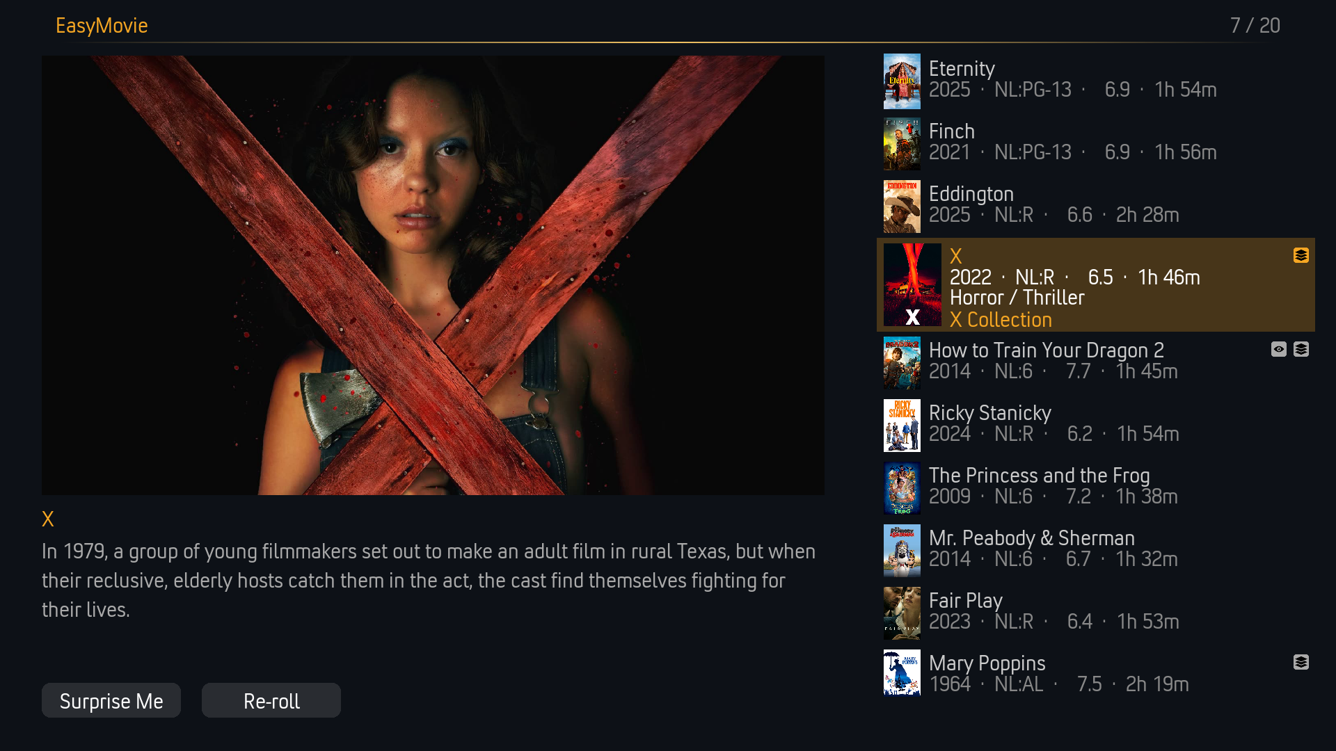 EasyMovie Big Screen view optimized for large displays with prominent artwork