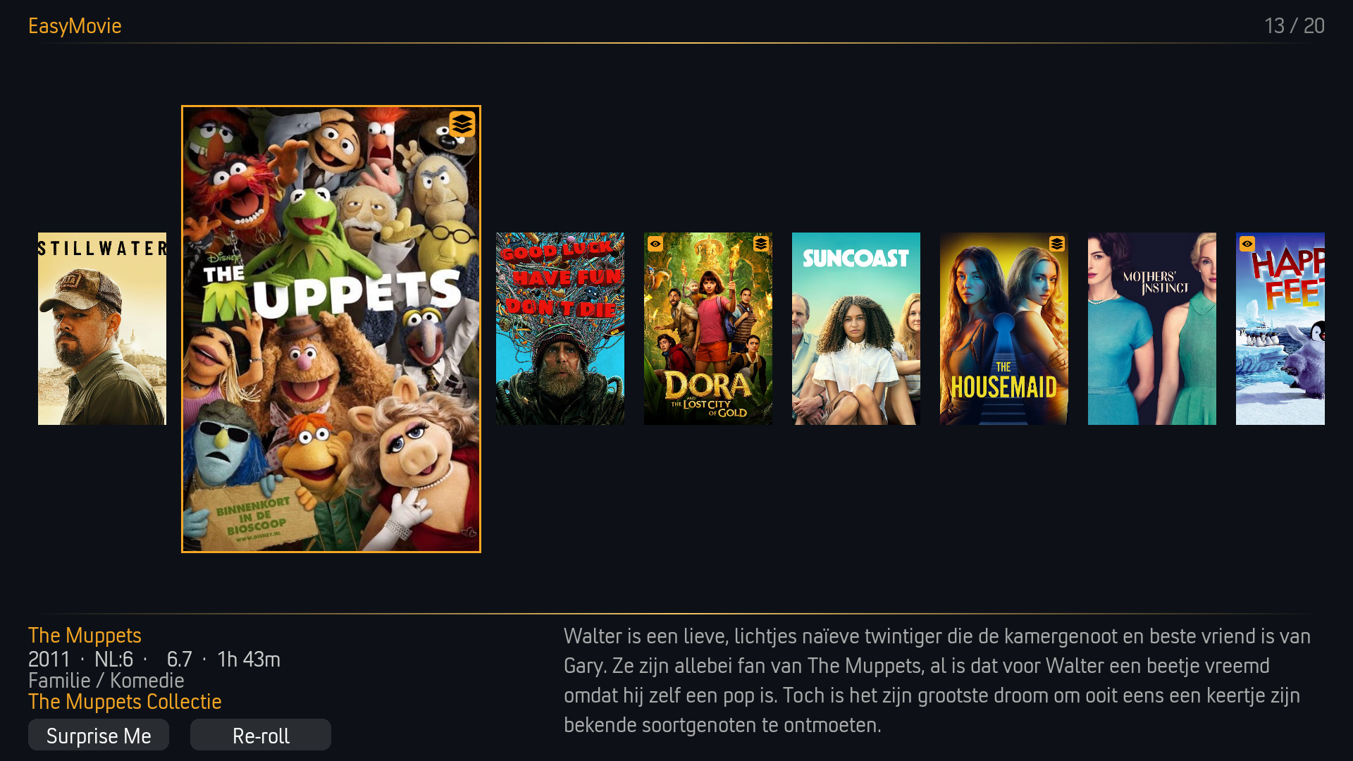 EasyMovie Showcase view showing movie selection in Golden Hour theme