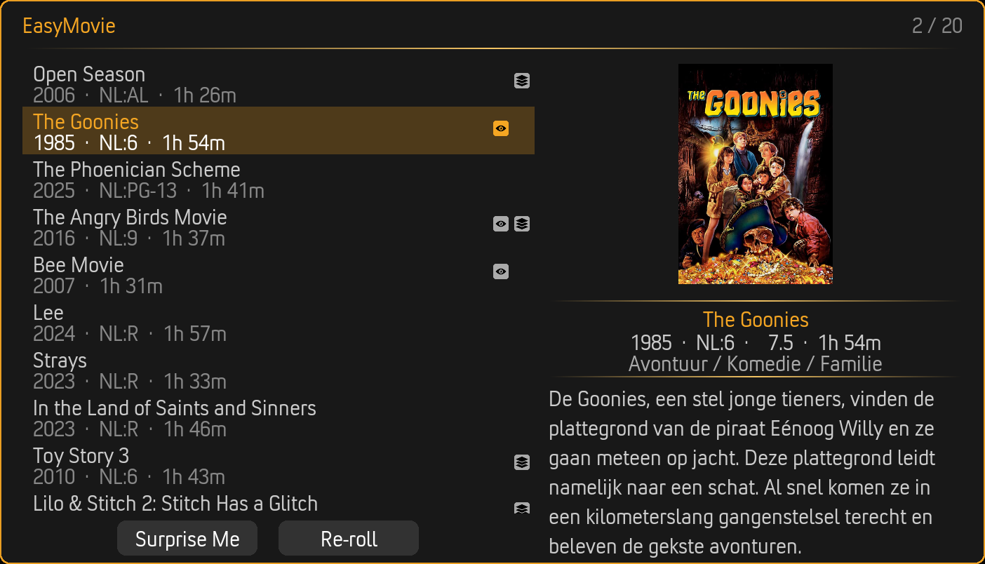 EasyMovie Split View with movie list on the left and details on the right
