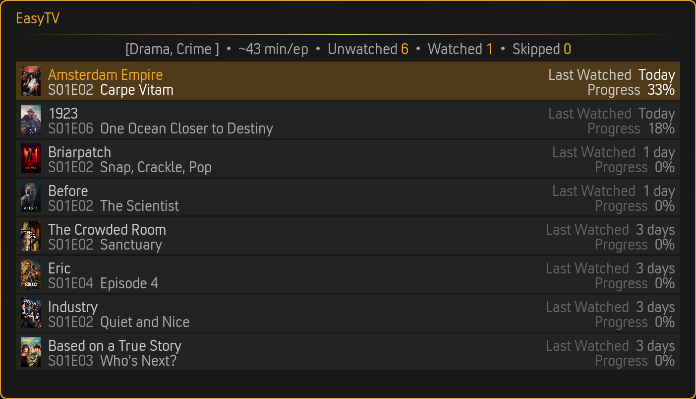 EasyTV Card List view showing TV shows in a vertical list with episode details