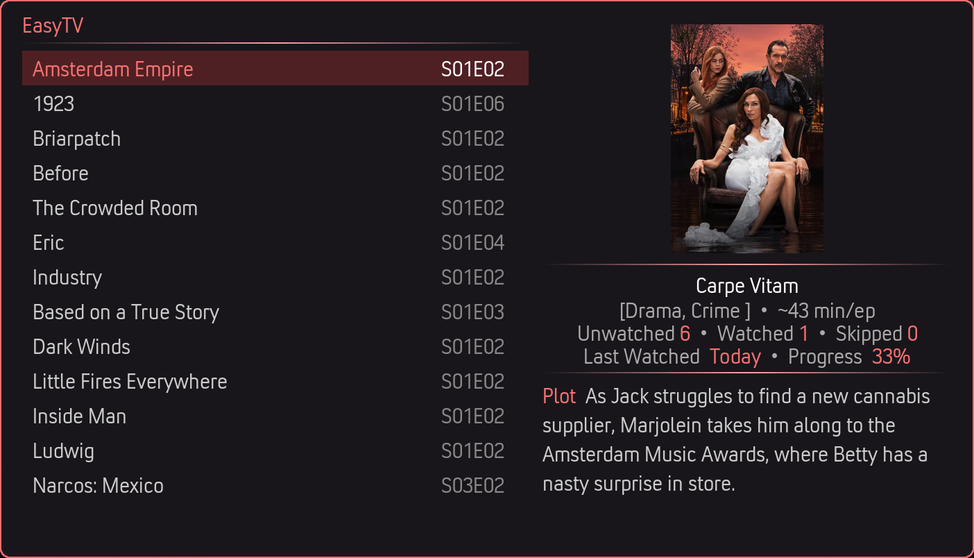 EasyTV Split View in Ember theme with rich red tones