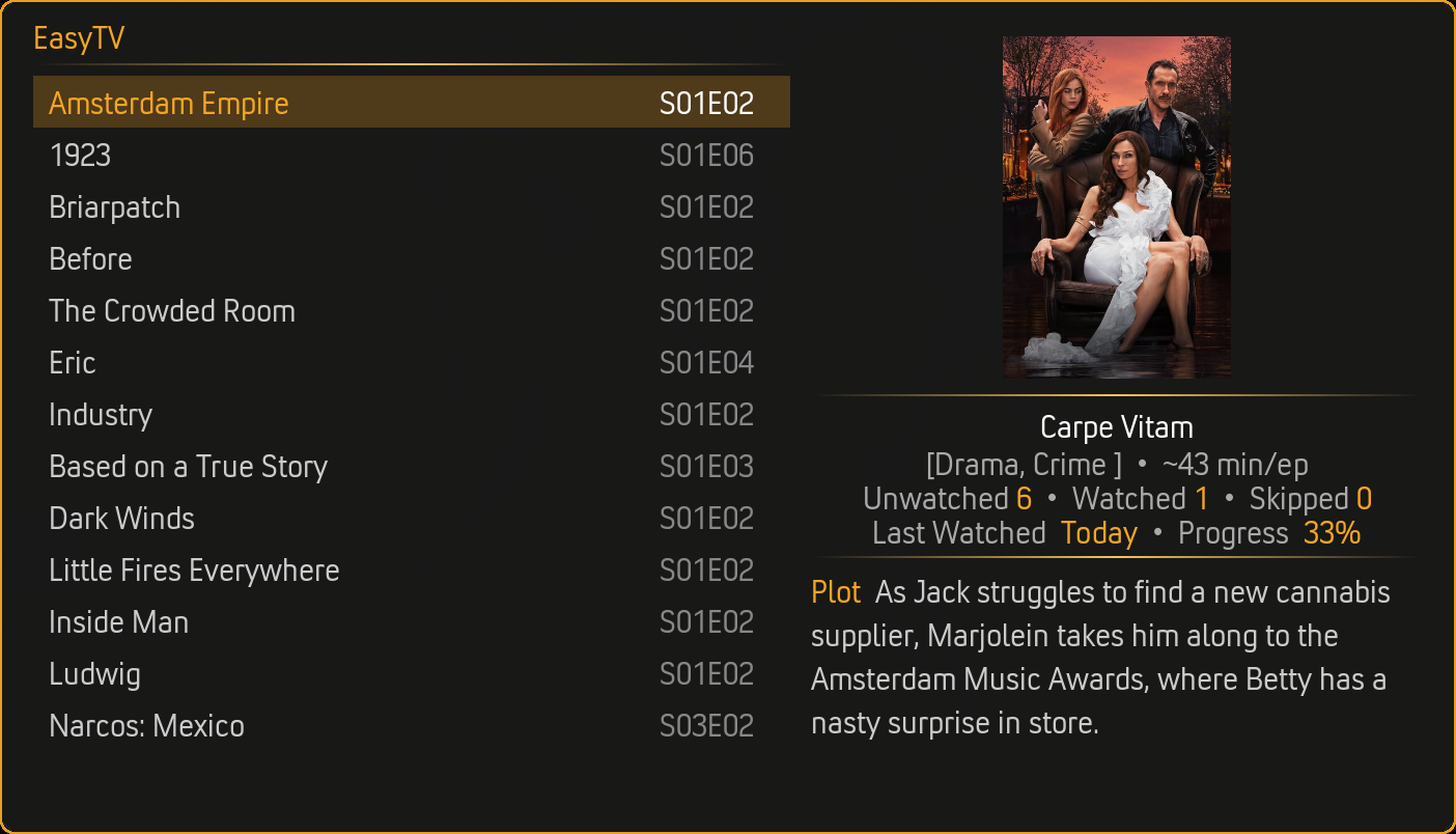 EasyTV split view showing TV show library with episode details in Golden Hour theme
