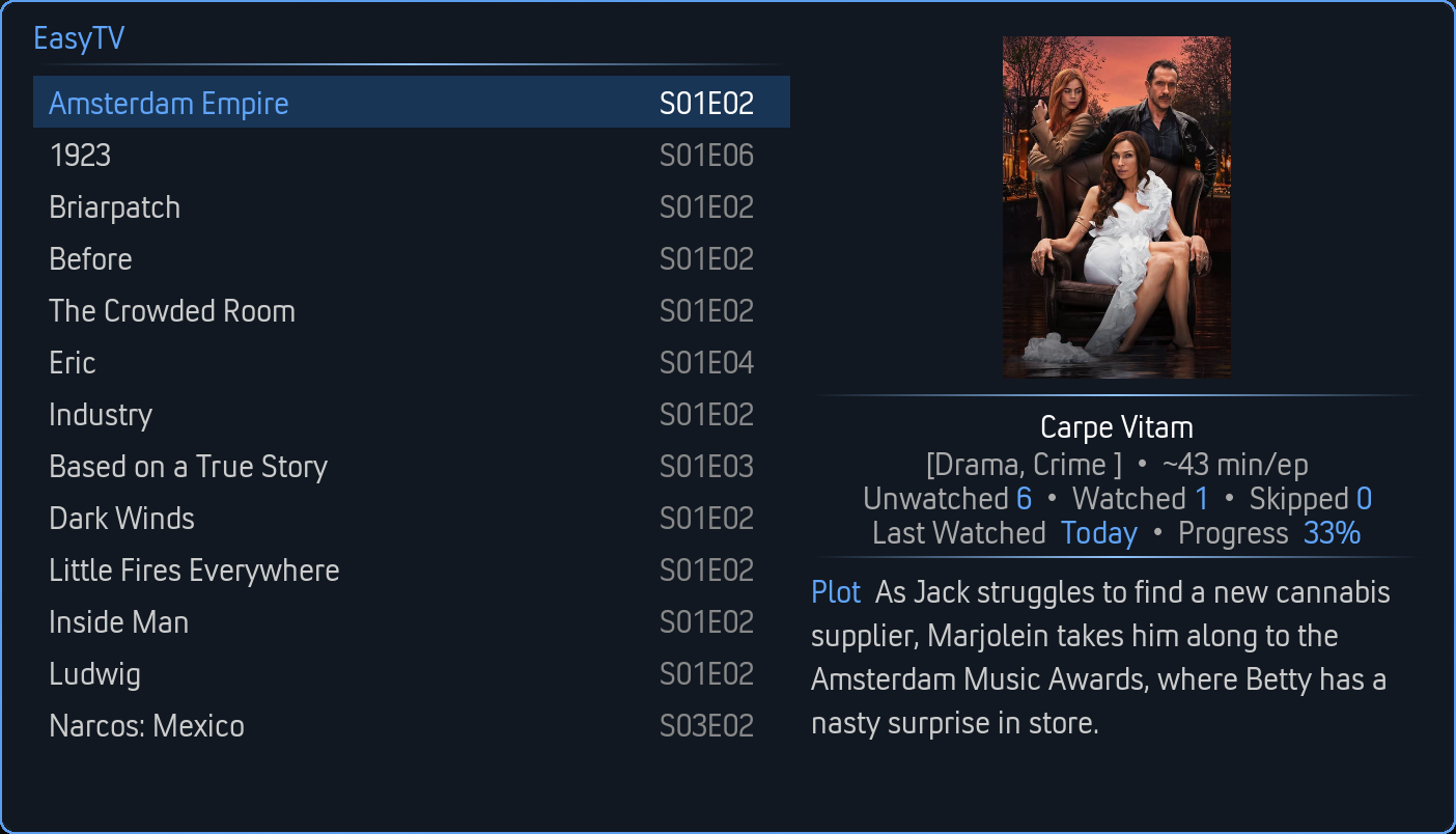 EasyTV Split View in Nightfall theme with cool blue tones
