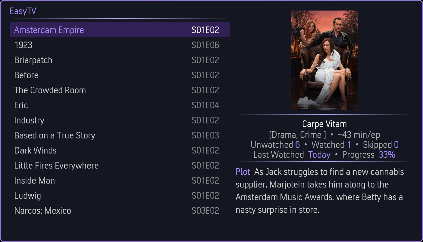 EasyTV Split View in Ultraviolet theme with purple accents